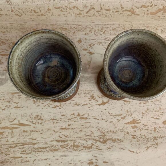 Set of two pottery goblets with purple & blue  drippy glaze. - Picture 2 of 8